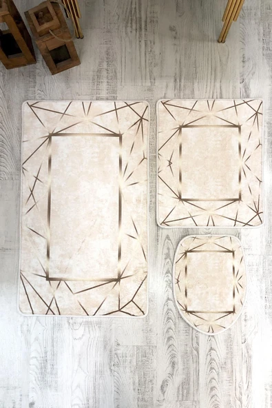Bambu Kumaş Deri Tabanlı Yıkanabilir 3'lü Klozet Takımı Modern Desenli Kaymaz Banyo Paspas Seti BKLZ0003 RENKLİ 60 X 100 - 2