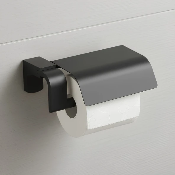 Siyah Lüx Kapaklı WC Kağıt Aparatı Vidalı Paslanmaz Metal Duvar Tuvalet Kağıtlık Banyo Aksesuarı ürün görseli