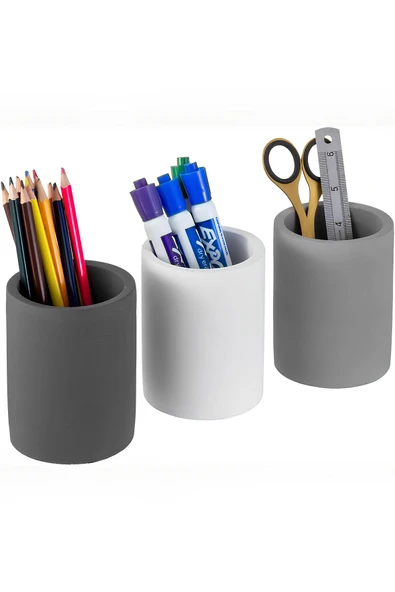 Dekoratif Beton Kalemlik 3’lü Set | Minimalist Organizer, Vazo, Saksı ve Diş Fırçalık - 3