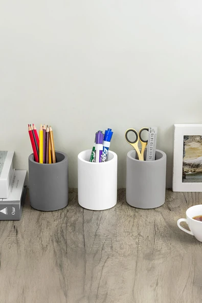 Dekoratif Beton Kalemlik 3’lü Set | Minimalist Organizer, Vazo, Saksı ve Diş Fırçalık - 4