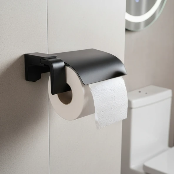 Siyah Lüx Kapaklı WC Kağıt Aparatı Vidalı Paslanmaz Metal Duvar Tuvalet Kağıtlık Banyo Aksesuarı - Resim 3
