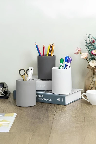 Dekoratif Beton Kalemlik 3’lü Set | Minimalist Organizer, Vazo, Saksı ve Diş Fırçalık - 1