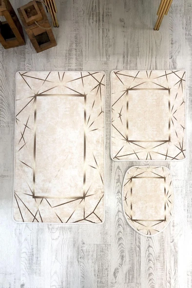 Bambu Kumaş Kaymaz Tabanlı Yıkanabilir 3'lü Klozet Takımı Dijital Baskı Banyo Paspas Seti BKLZ0003 RENKLİ 60 X 100 - Resim 2