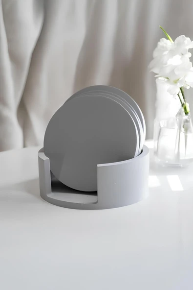 Beton Gri 4’lü Bardak Altlığı Seti ve Stand | Minimalist Modern Dekoratif Beton Altlık Takımı - 1