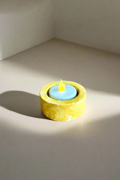 Dekoratif Sarı Mermer Desenli Beton Şamdan | El Yapımı Tealight Mumluk 3 Adet - 1