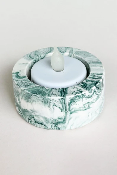 El Yapımı Mermer Desenli Yeşil Beton Tealight Mumluk | Minimal Dekoratif Mumluk 3 Adet - 2