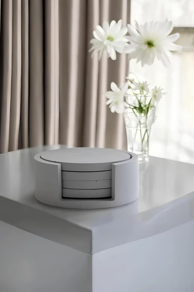 Beton Gri 4’lü Bardak Altlığı Seti ve Stand | Minimalist Modern Dekoratif Beton Altlık Takımı - 2