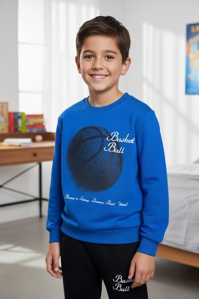 Basketball Yazı Desenli Mavi Renk Erkek Çocuk Eşofman Takımı ürün görseli