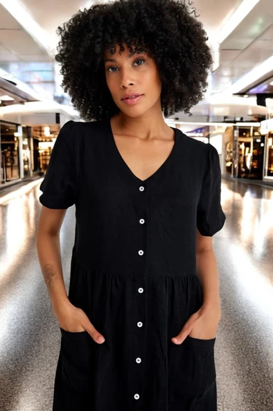 Beli Büzgülü V Yaka Keten Siyah Elbise - Resim 5