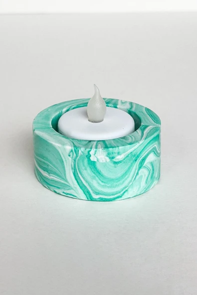 El Yapımı Mermer Desenli Yeşil Beton Tealight Mumluk 3 Adet | Minimal Dekoratif Şamdan - 4
