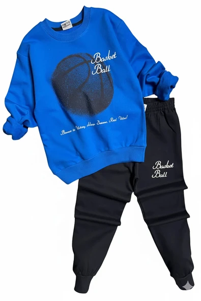 Basketball Yazı Desenli Mavi Renk Erkek Çocuk Eşofman Takımı - Resim 4