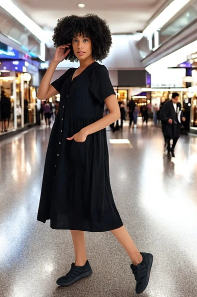 Beli Büzgülü V Yaka Keten Siyah Elbise ürün görseli 1