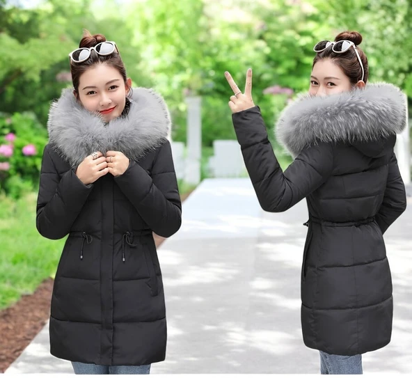 Orta Boy Kürklü Kapüşonlu Su Geçirmez Kadın Siyah Mont ürün görseli