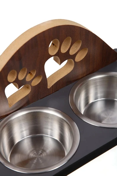 Kalpli Pati Tasarımlı Ahşap Kedi Mama Kabı Standı Köpek Su Kabı - 4