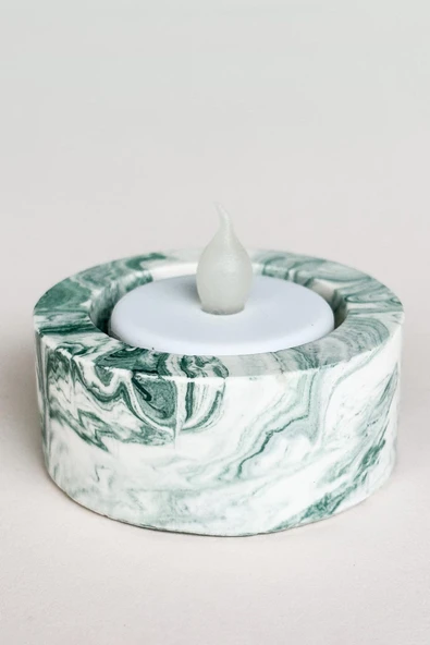 El Yapımı Mermer Desenli Yeşil Beton Tealight Mumluk | Minimal Dekoratif Mumluk 3 Adet - 3