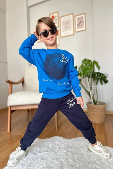 Basketball Yazı Desenli Mavi Renk Erkek Çocuk Eşofman Takımı - Resim 3