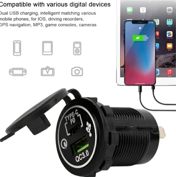 Oto Çakmaklık Şarj Soketi Marine Pano Tip 2 USB QC 3.0 Type-C PD Hızlı Şarj 12-24v - 4