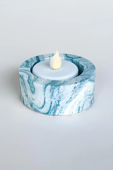 El Yapımı Mermer Desenli Mavi Beton Tealight Mumluk | Minimal Dekoratif Şamdan 3 Adet - 4