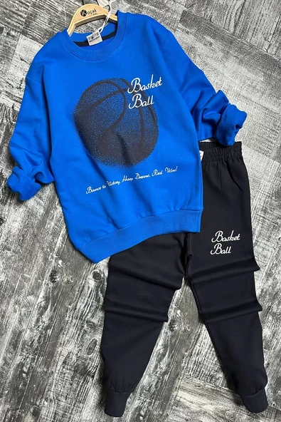 Basketball Yazı Desenli Mavi Renk Erkek Çocuk Eşofman Takımı - Resim 5