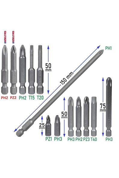 - Klytek Matkap Bits Uç Vidalama Ucu Düz Yıldız Torx Uçları Seti (13 PARÇA) - 3