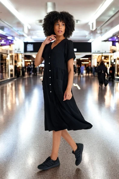 Beli Büzgülü V Yaka Keten Siyah Elbise - 3