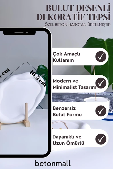 Bulut Desenli Beton Tabak | Minimal Takı ve Anahtar Tabağı | Dekoratif Sunum Tepsisi 24 cm - 7
