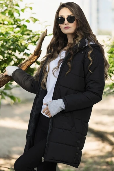 Kışlık Su Geçirmez Eldiven Detaylı Uzun Kadın Şişme Mont ürün görseli 1