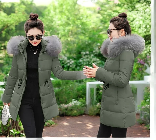 Kışlık Orta Boy Kapüşonlu Kürklü Şişme Mont ürün görseli