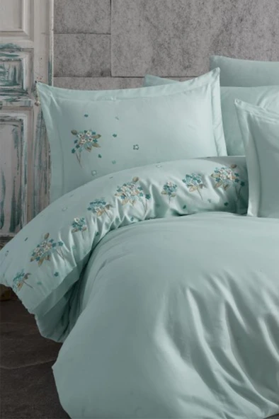 Betty Pamuk Saten Nakışlı Nevresim Takımı Nil Yeşili - Resim 3