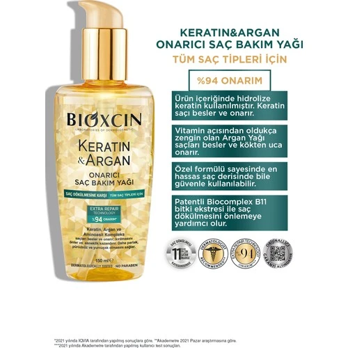Bioxcin Saç Bakım Yağı Onarıcı Keratin  Argan 150 ml - Resim 2