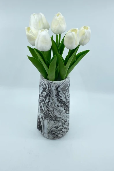 20 Cm Mermer Desenli Beton Vazoda Yapay Islak Lale 7 Dal Beyaz - 2