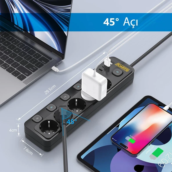3680W Anahtarlı Akım Korumalı 5'li Grup Priz Çocuk Korumalı 2x USB + 2x TYPE-C - 2