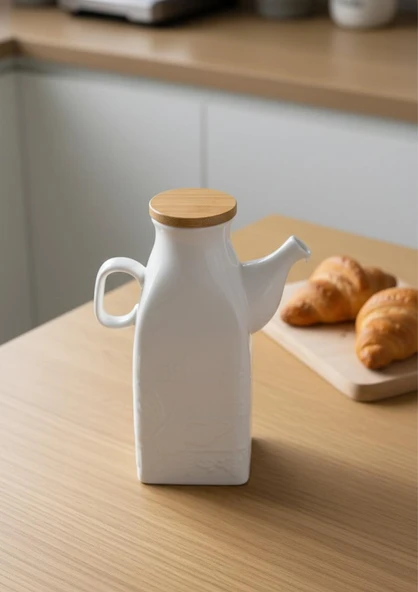 Porselen Süt Şişesi - Bambu Kapaklı Yağdanlık 650 ML - 2