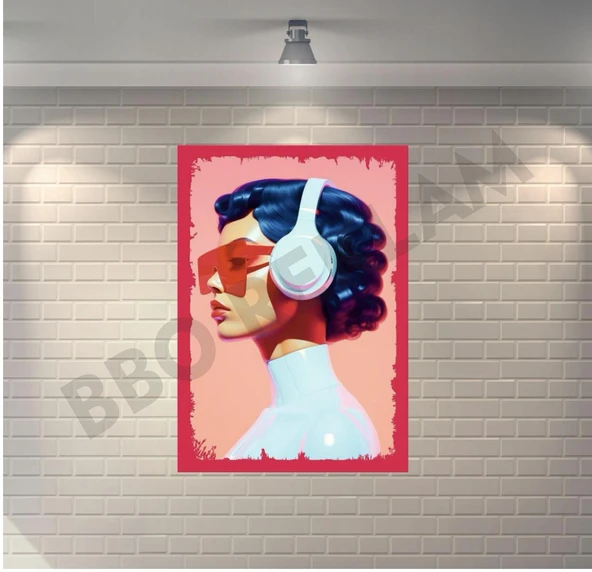 Müzik Dinleyen Kız Retro Ahşap Poster - 1