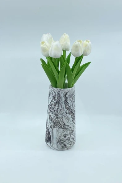 20 Cm Mermer Desenli Beton Vazoda Yapay Islak Lale 7 Dal Beyaz - 1
