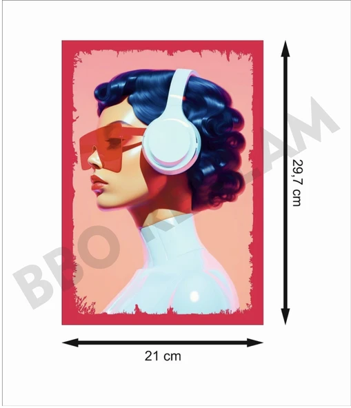 Müzik Dinleyen Kız Retro Ahşap Poster - 2