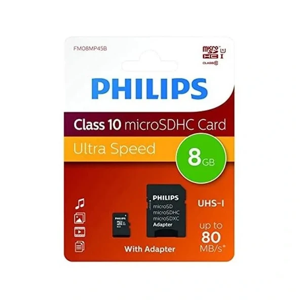 Philips Fm08mp45b/00 8gb Class10 Uhs-ı U1 Tf Adaptörlü Micro Sdhc Hafıza Kartı
