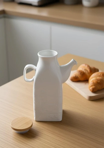 Porselen Süt Şişesi - Bambu Kapaklı Yağdanlık 650 ML - 3