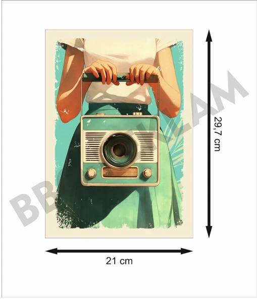 Müzik Radyo Tutan Kız Retro Ahşap Poster - 2