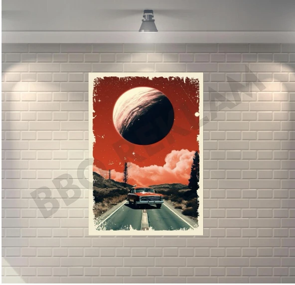 Araba Yol Manzara Retro Ahşap Poster ürün görseli 1