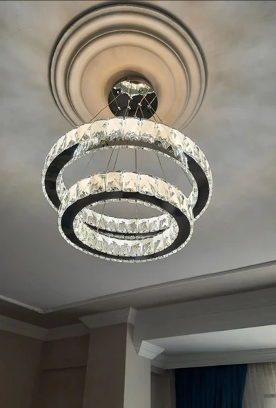 GN GEN AYDINLATMA Modern Gümüş Sarkıt Kristal Taşlı Üç Renk Led Ikili Avize 30-40 cm - 7