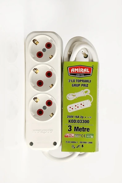 Amiral 3' Lü Topraklı 3 Metre Kablolu Grup Priz ürün görseli 1