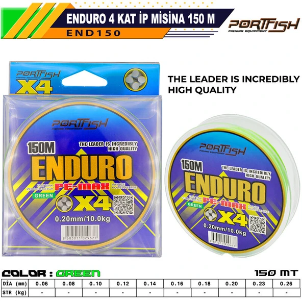 Portfish Enduro 4 Kat İp Misina 150 mt Yeşil  0,16mm