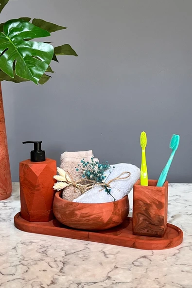 4'lü Terracotta Serisi Mermer Desenli Beton Banyo Seti Tuvalet Wc Sıvı Sabunluk Diş Fırçalığı Takım - Resim 4