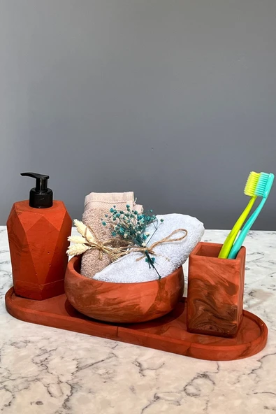 4'lü Terracotta Serisi Mermer Desenli Beton Banyo Seti Tuvalet Wc Sıvı Sabunluk Diş Fırçalığı Takım - Resim 3