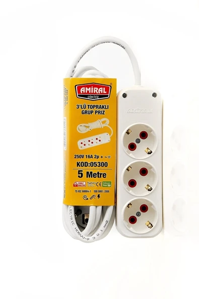 Amiral 3' Lü Topraklı 5 Metre Kablolu Grup Priz ürün görseli 1