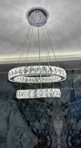 GN GEN AYDINLATMA Modern Gümüş Sarkıt Kristal Taşlı Üç Renk Led Ikili Avize 30-40 cm - 2