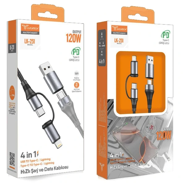 Lucatech Lk-251 4lü Usb Type-c+iphone+type-c 4in1 Şarj Kablosu Örgülü 120w
