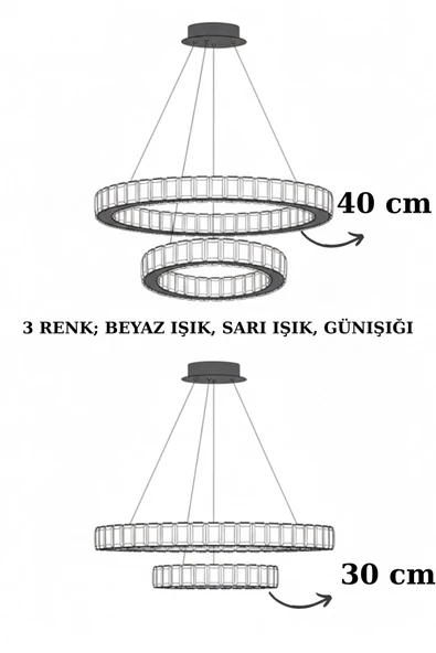 GN GEN AYDINLATMA Modern Gümüş Sarkıt Kristal Taşlı Üç Renk Led Ikili Avize 30-40 cm - 8
