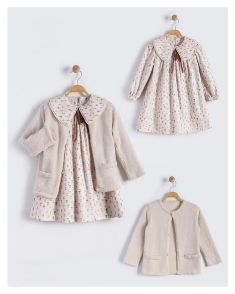 Kız Çocuk Yumuş Hırkalı Poplin Çiçekli Elbise Takım BEB-16557 ürün görseli